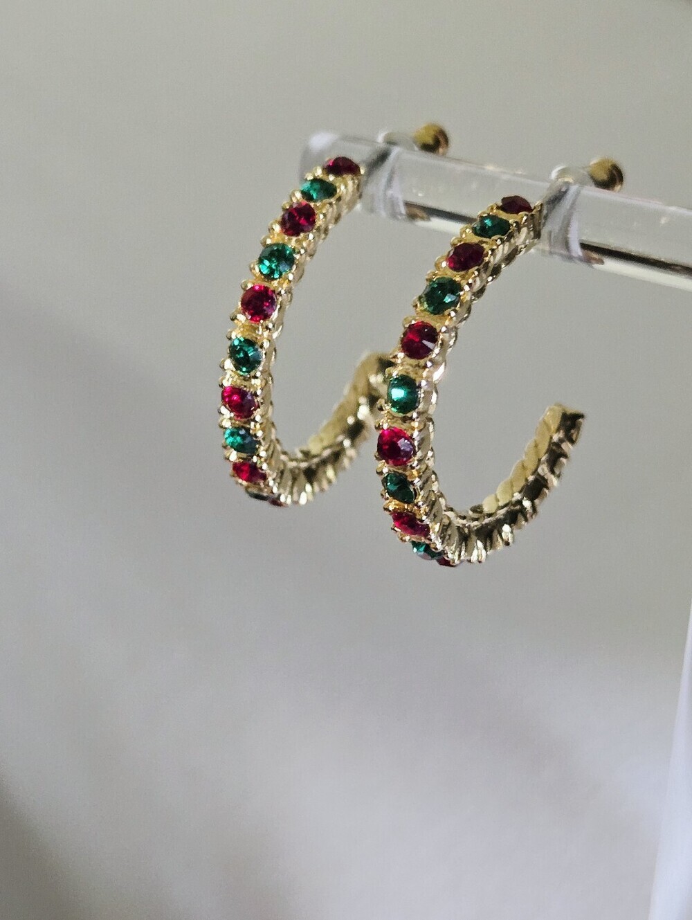 Vintage Gold Tone Hoop Earrings with Red and Green Stones - Picture 13 of 16